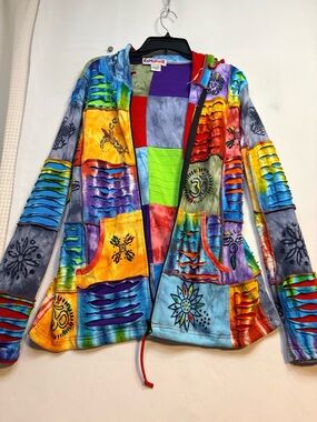 Multicolor Patchwork Hooded Jacket - Vibrant Tie-Dye pixie hood by Ezhippie